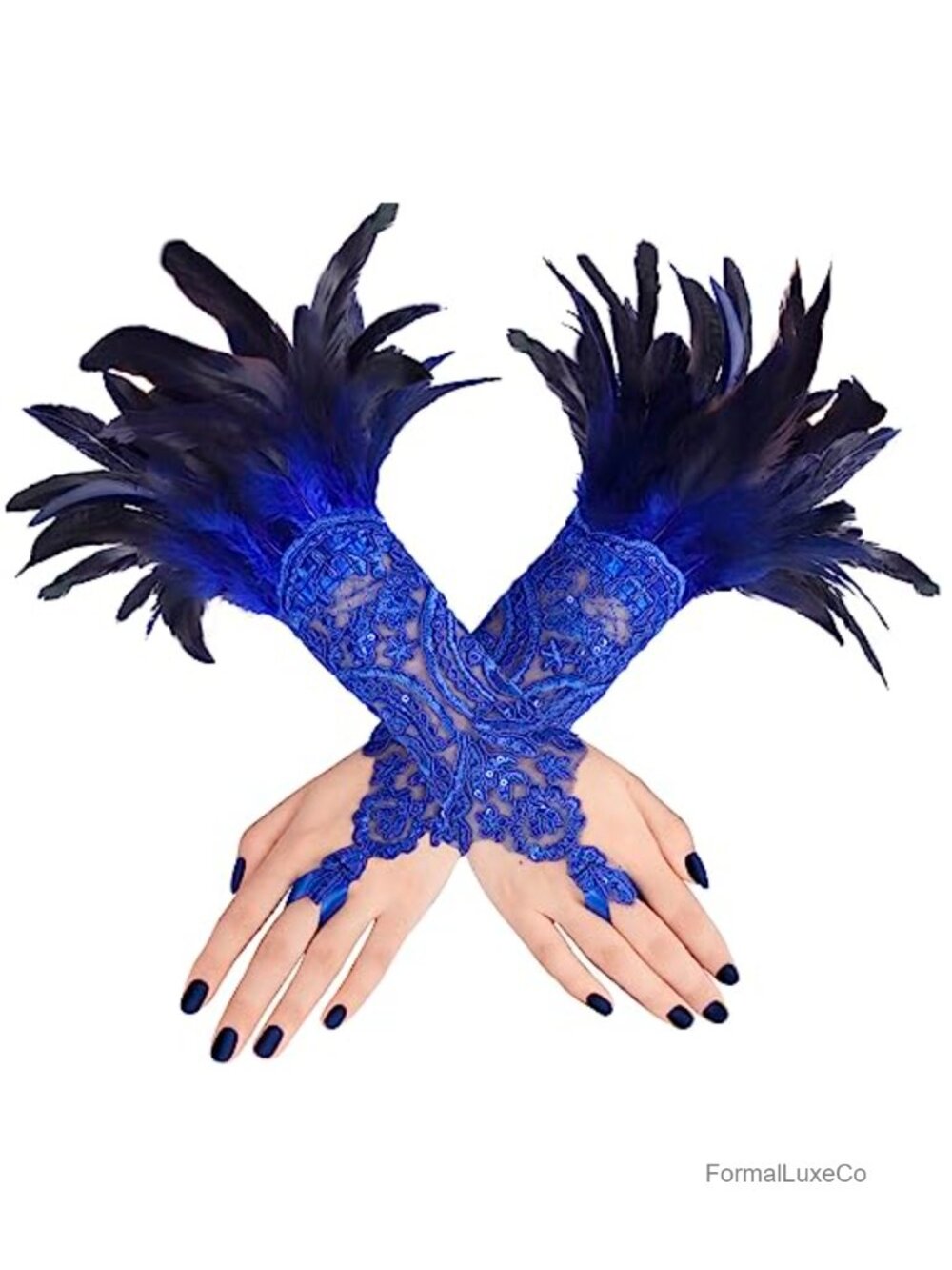 Women's Lace Feather Long Gloves Gothic Mesh Cuff 2PCS Halloween Wedding Party
